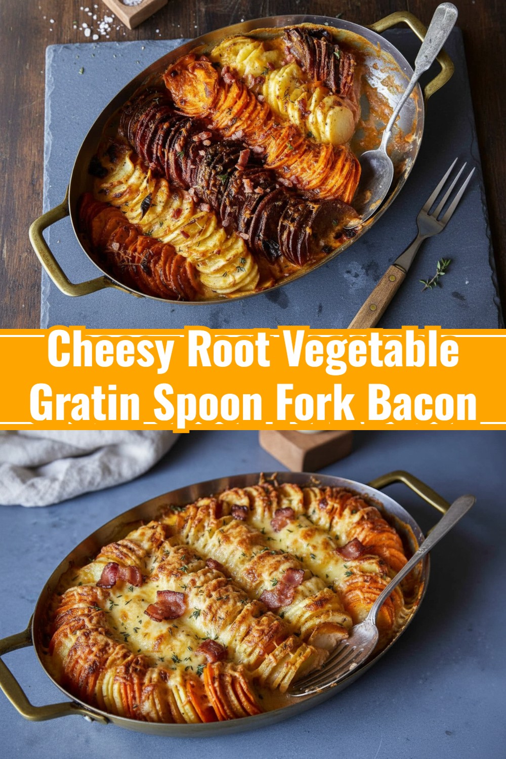 Cheesy Root Vegetable Gratin Spoon Fork Bacon