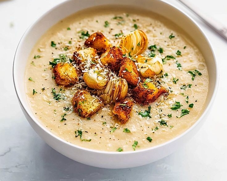 Easy Homemade Creamy Roasted Garlic Soup Recipe Tutorial serving