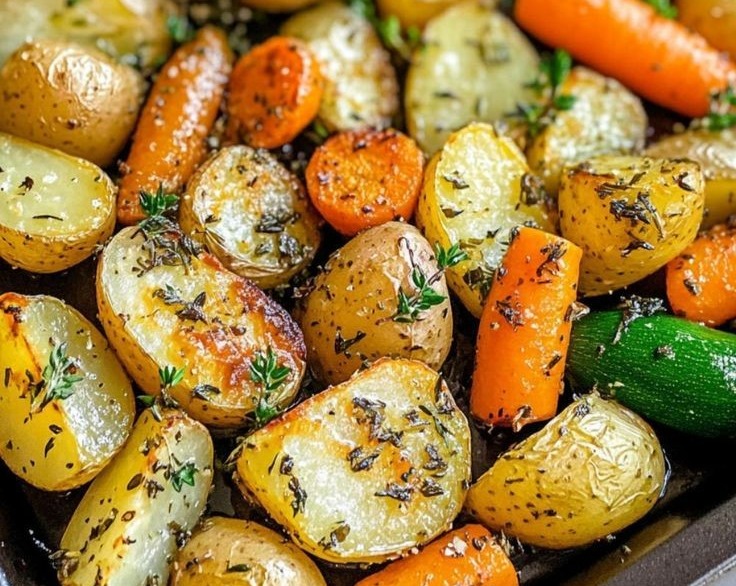 Easy Roasted Potatoes Carrots Zucchini Herb Healthy Side overview