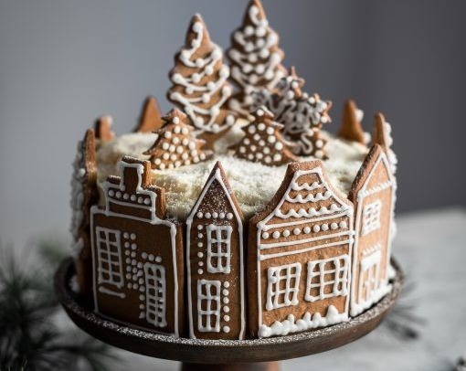 Festive Gingerbread Village Christmas Decor Cake overview