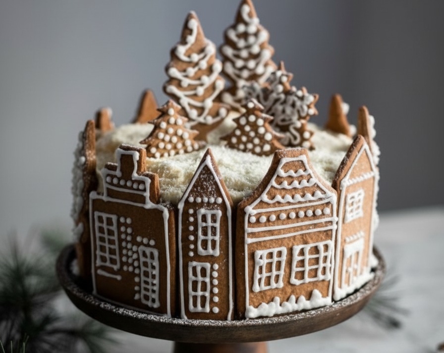 Festive Gingerbread Village Christmas Decor Cake serving