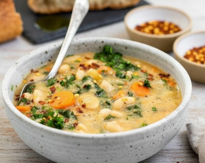 Slow Cooker Tuscan White Bean and Spinach Soup serving