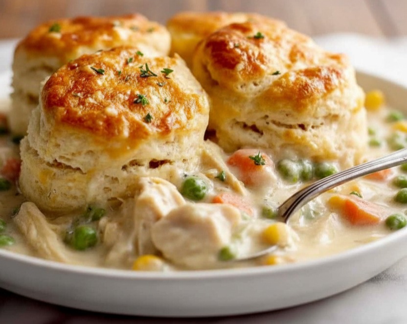 Easy Chicken Pot Pie with Biscuits Homestyle Dinner Ideas serving