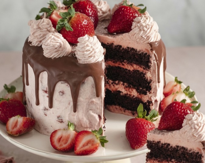 Rich Dark Chocolate Strawberry Cake for Easy Home Baking serving