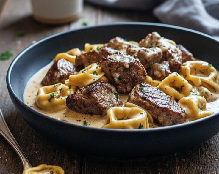 Slow Cooker Style Garlic Steak Tortellini Weeknight Dinner serving