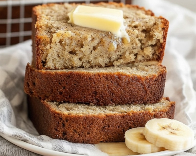Best Easy Foolproof Quick Banana Bread Loaf Recipe serving