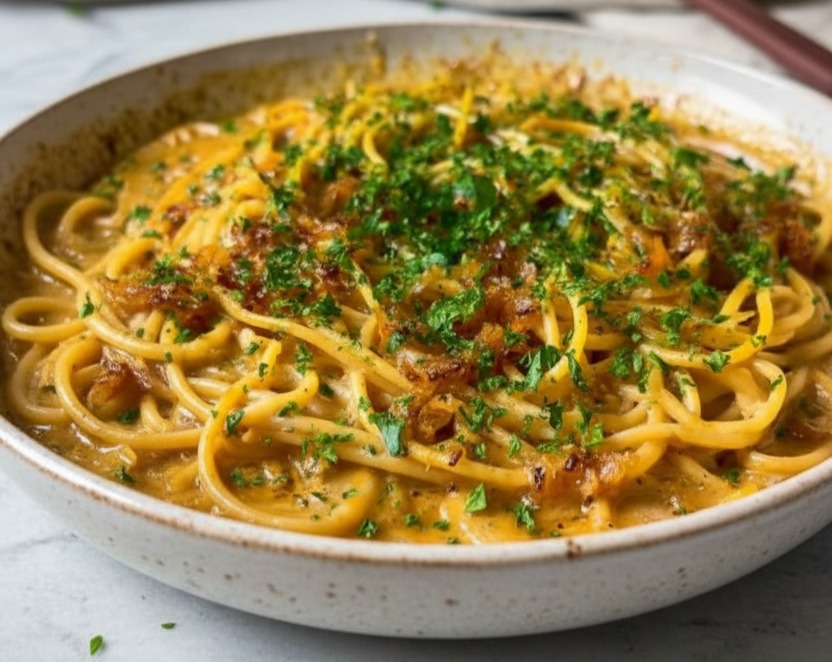 Caramelized Onion Garlic Spaghetti Easy Dinner Slow Cooker Flavor serving