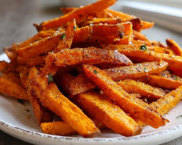 Easy Crispy Sweet Potato Fries Oven Baked Veggie Recipe serving