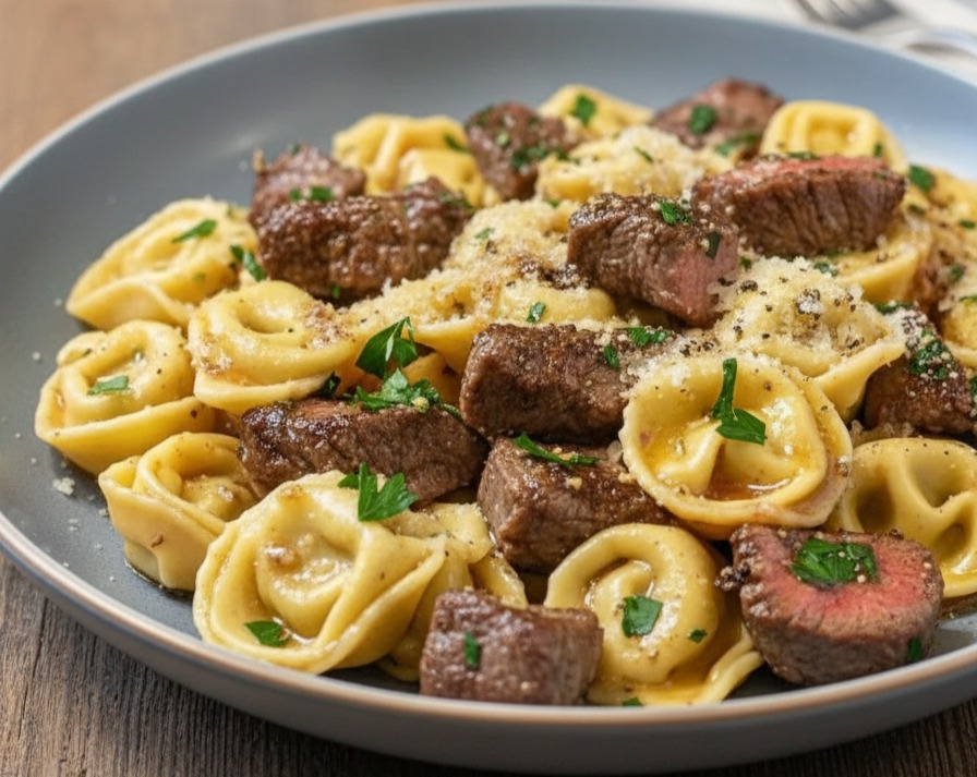 Effortless Skillet Garlic Steak Tortellini Dinner serving
