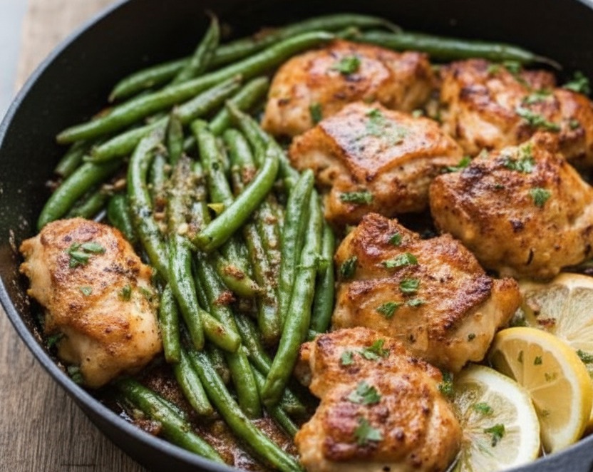 Lemon Garlic Butter Chicken Thighs Green Beans Meal serving