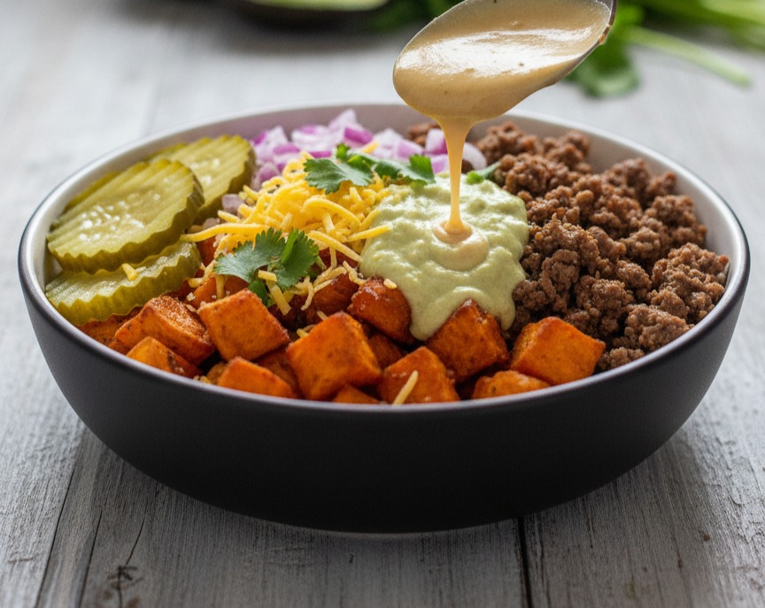 Easy Ground Beef Dinner Ideas Burger Bowls serving